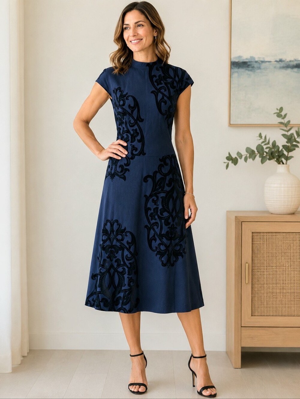 Chico's Size 2 Navy Velvet Flocked Sheath Midi Dress Mock Neck Career L